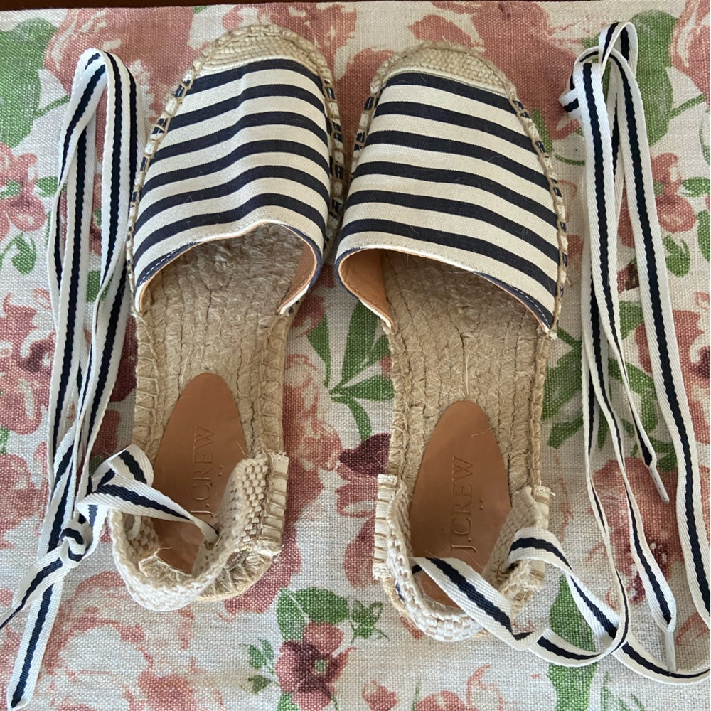 J. Crew Navy and White Espadrille Wedges
